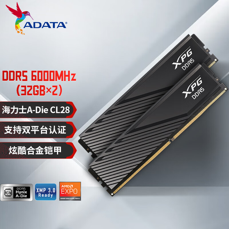 威刚（ADATA）64GB(32GBX2)套装 DDR5 6000 台式机内存条 海力士A-die颗粒 XPG威龙D300（黑色）C28