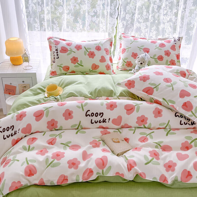 软贝磨毛四件套 透气亲肤印花卡通简约田园风被套床单款 映日逐光 2.0m床单款四件套(被套200*230cm