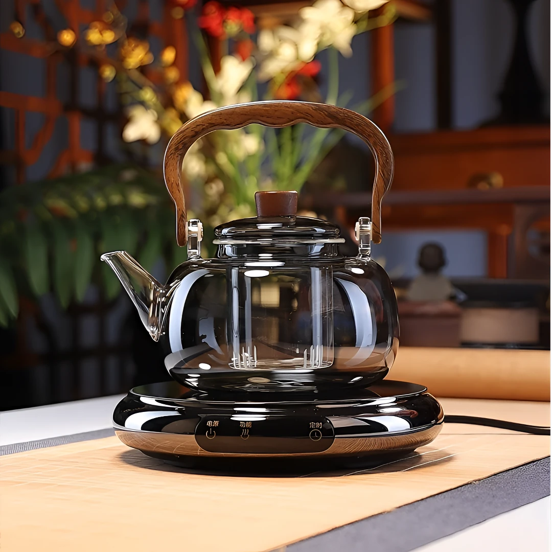 全度耐热玻璃蒸煮一体提梁壶大容量煮茶烧水壶高档电陶炉茶壶围炉煮茶 木影单漏煮茶壶+德茗堂方韵陶炉
