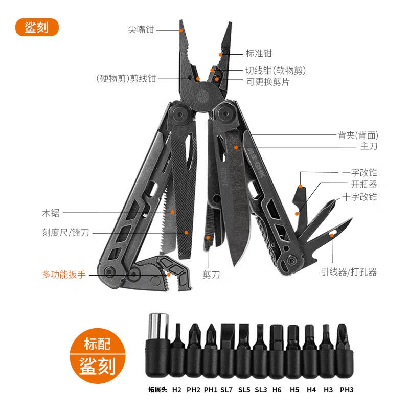 鸿丰户外多功能钳子车载应急工具便携瑞士军士刀万用扳手救援剪刀 枭狼3石洗大马士革版本