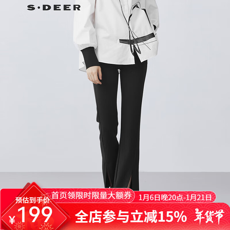deer圣迪奥2021女装复古时尚高腰修身开衩喇叭黑色长裤s21380805 黑色