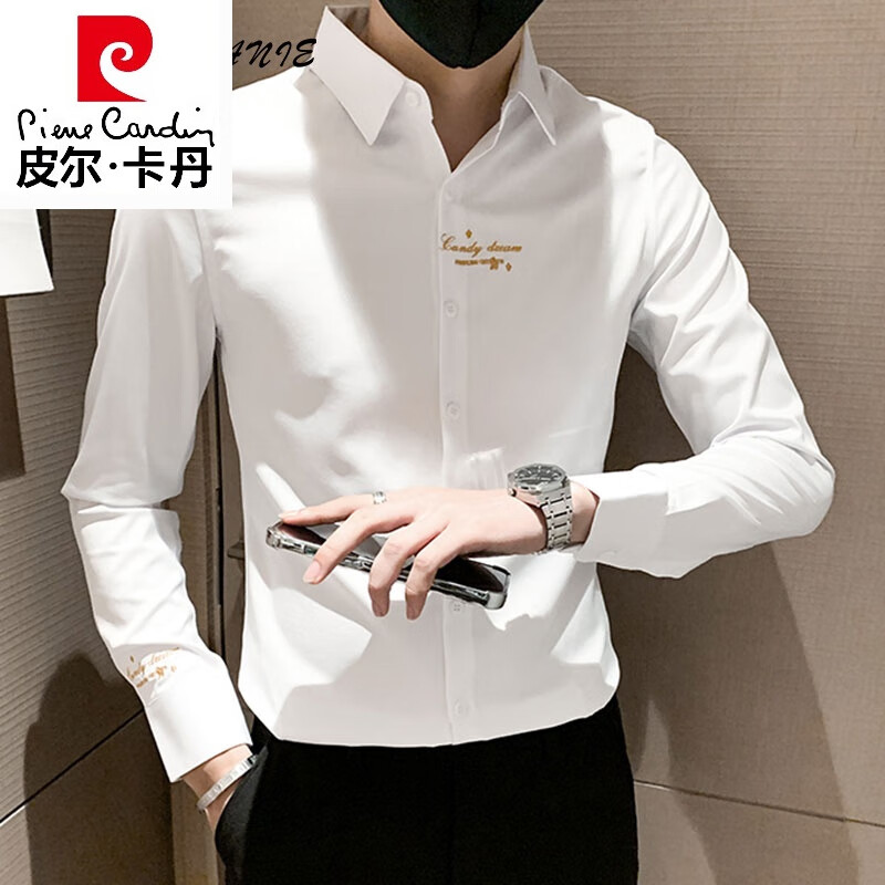 皮尔卡丹(pierre cardin)高档品牌设计感衬衫男士长袖高级感痞帅修身轻奢高端潮牌刺绣衬衣 gam-193刺绣长袖衬衫白色 M (体重120斤及以下)