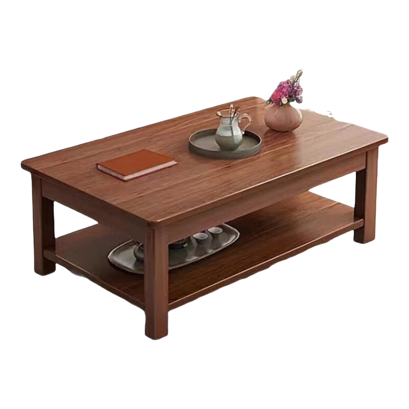 實(shí)木茶幾客廳家用小戶型茶幾辦公室簡約桌子實(shí)木框架桌長方形茶桌 胡桃色雙層140-升級(jí)品質(zhì)加厚用料