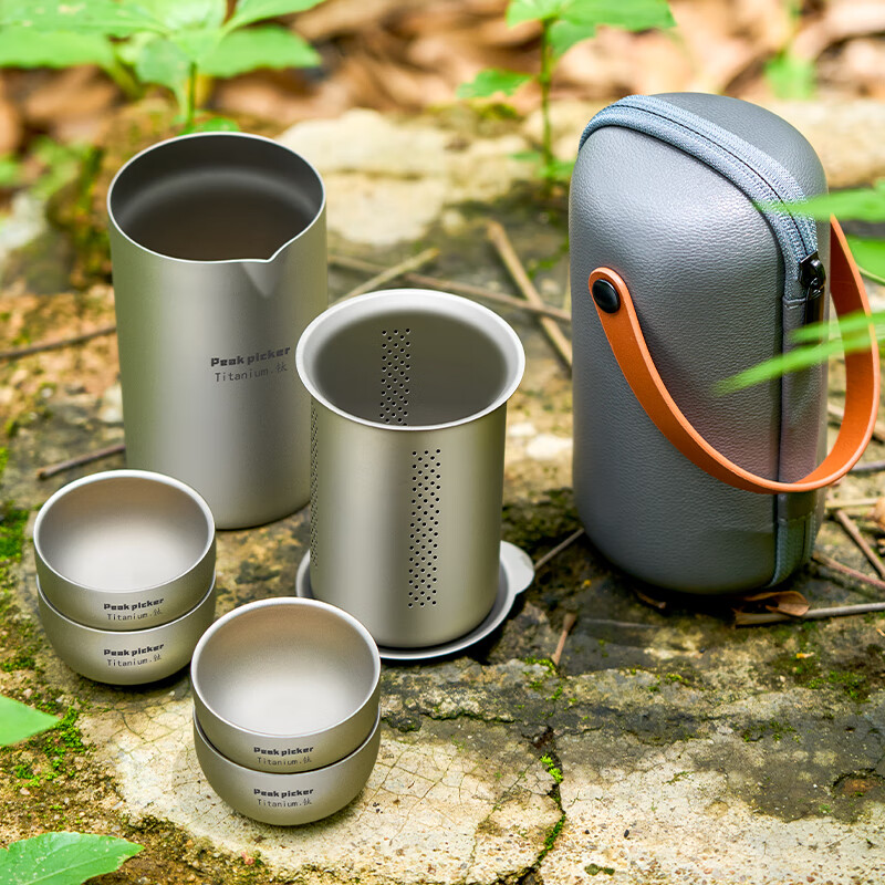 胖東来品质钛旅行茶具套装便携旅行纯钛茶杯新款双层泡茶器户外露 纯钛双层(鹰嘴泡茶壶350ML+网袋