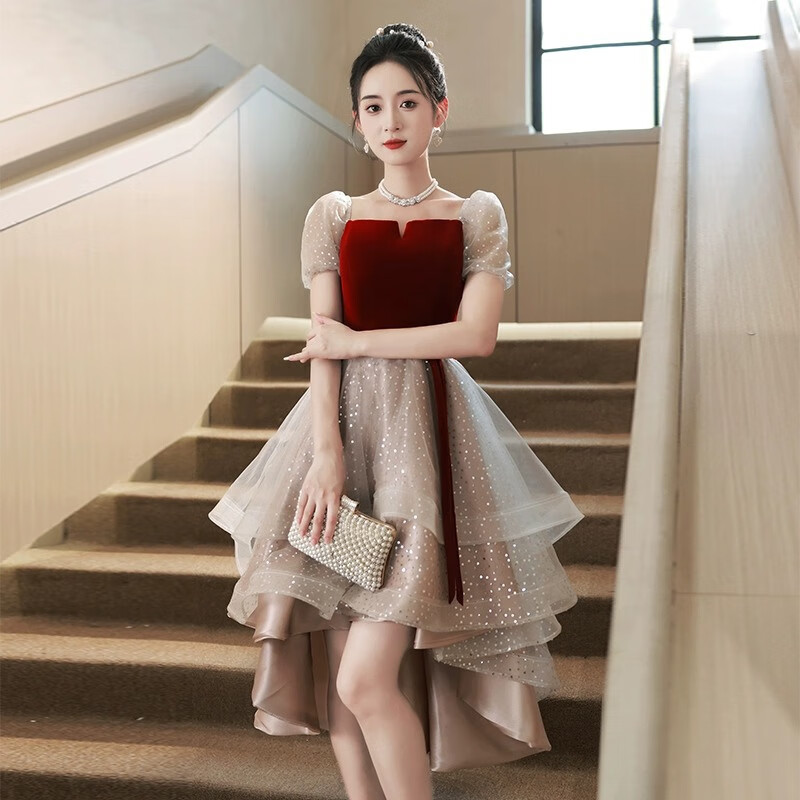 新娘結(jié)婚敬酒服2025新款小個子訂婚晚禮服法式輕奢宴會連衣裙女 酒紅色拖尾 S