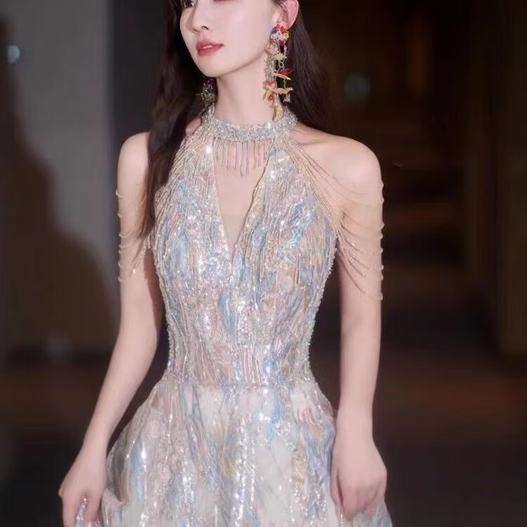 錦結(jié)思成人禮服女18歲高級感法式晚高端輕奢小眾舞臺主持人長裙掛脖氣質(zhì) 圖片色 M 建議100斤左右