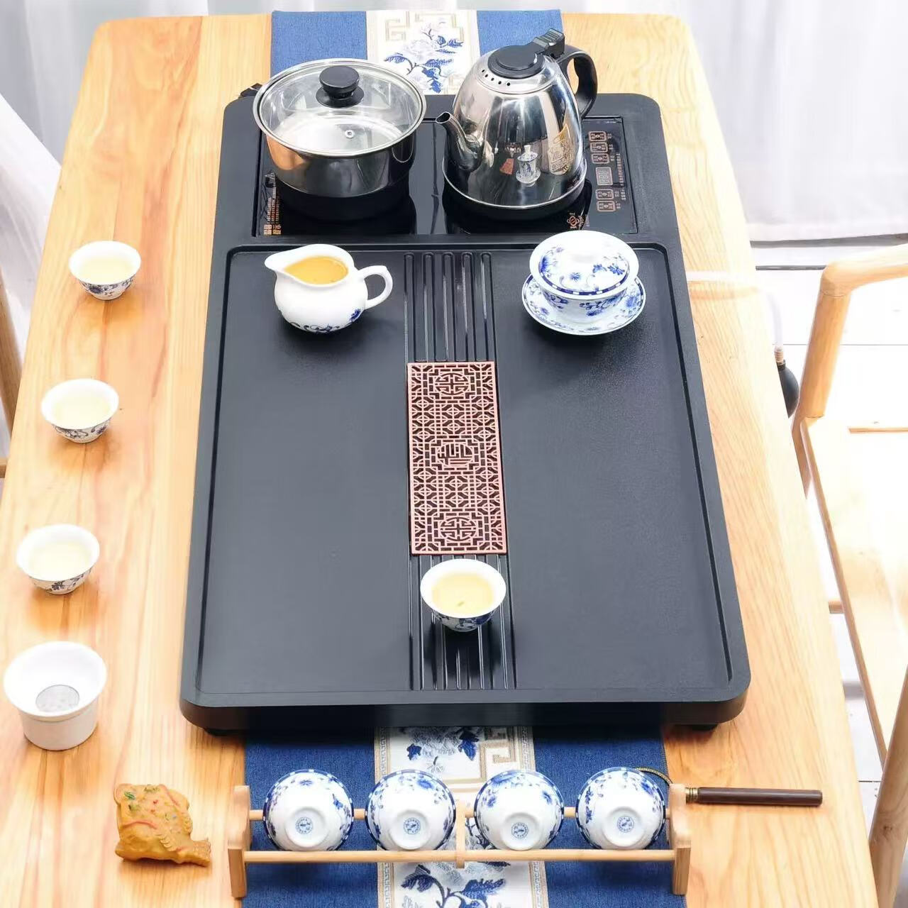 合成乌金石茶盘全自动一体烧水壶套装客厅办公室家用简约茶台茶具 长窗花  （85*45cm开孔一体） 带玻璃烧水壶