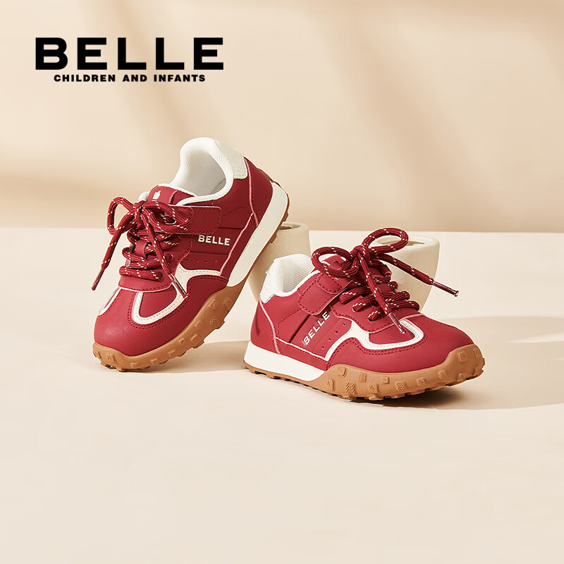 百丽儿童运动鞋25秋新款女童男童休闲鞋便捷魔术贴百搭大童跑步鞋 红色 30 【建议脚长186-191mm】