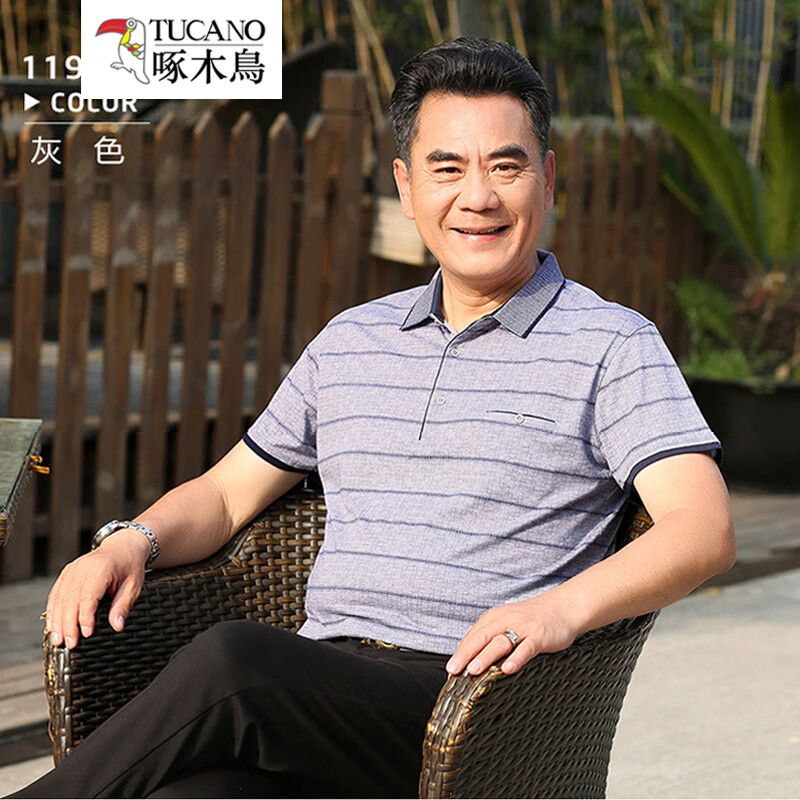 啄木鸟短袖T恤男 爸爸t恤40-50岁翻领夏季中年爷爷装中老年人冰丝薄款 1193灰色 3XL /185