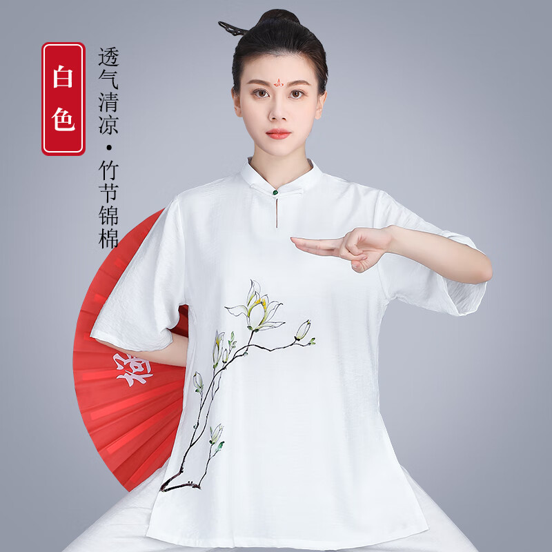 山人運動(dòng)夏季新款女式棉麻短袖太極服高端飄逸太極拳練功服武術(shù)訓練服套裝 白色 L