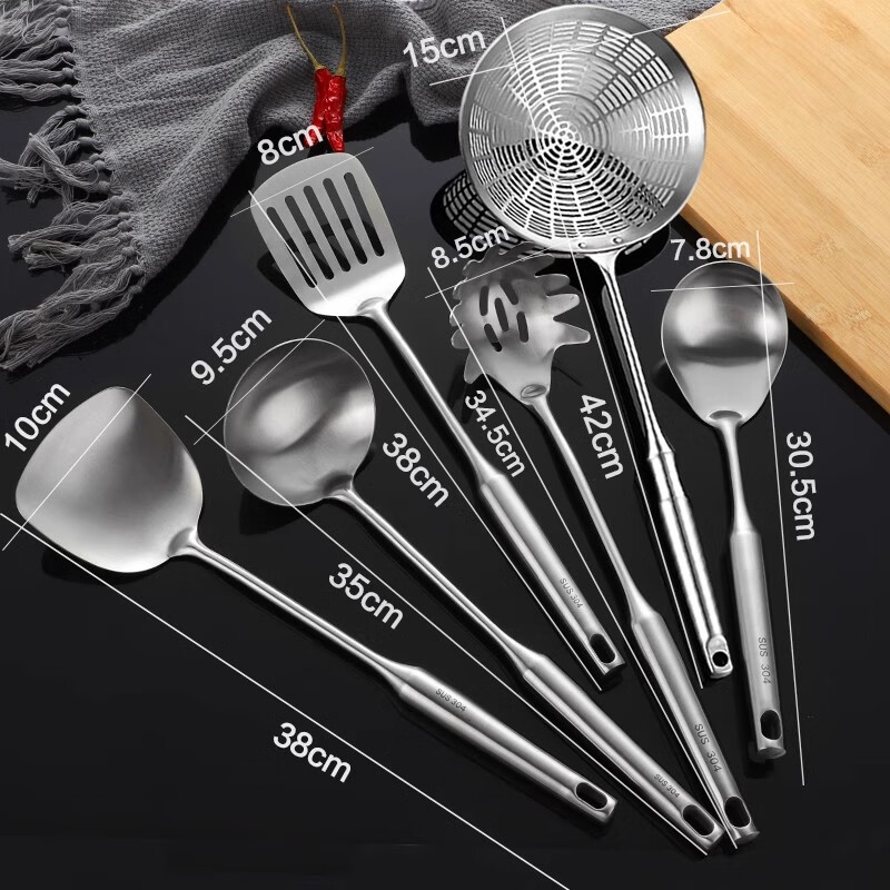 黑橘304不锈钢厨具锅铲套装全套家用厨房用具五件套炒菜铲子铲勺一体 首图同款【6件套+旋转挂架】