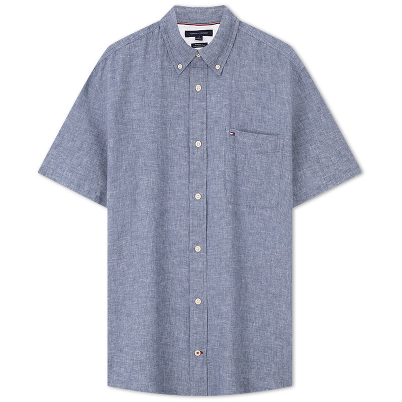 Tommy Hilfiger【輕松感】夏季男裝透氣棉麻輕薄中性簡(jiǎn)約短袖襯衫外套J8444
