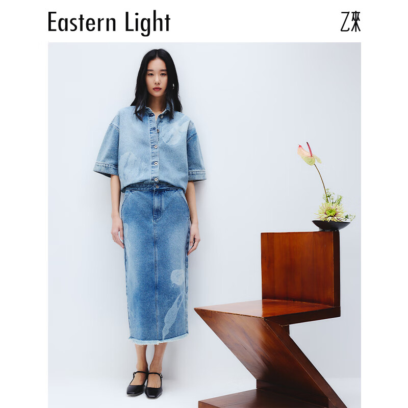 乙来（EASTERN LIGHT）【土耳其纯棉斜纹牛仔】鸢尾水洗牛仔衬衫短袖外套套装 水洗蓝-上衣 S