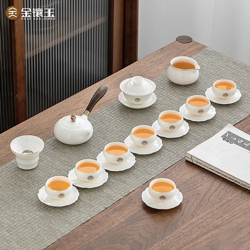 金鑲玉 茶具套裝 羊脂玉瓷21頭側(cè)把茶具家用簡(jiǎn)約茶壺套裝