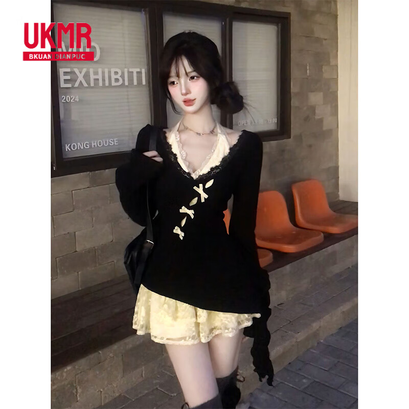 UKMR深春初春穿搭小个子纯欲风感针织罩衫蕾丝连衣裙子两件套装女 罩衫+内搭裙(两件套) S 95斤内