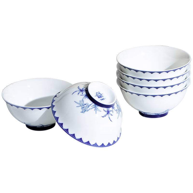 陶溪川景德鎮(zhèn)釉中彩陶瓷碗家用飯碗中式國(guó)風(fēng)米飯碗青花白瓷碗4.7英寸6碗