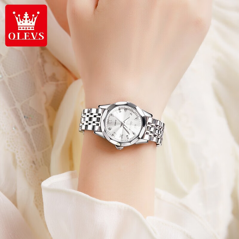 欧利时（OLEVS）瑞士认证手表女士简约气质女士手表简约小巧石英表镶钻时尚女表 【典藏版】钢带本白女表 免费刻字 终身质保
