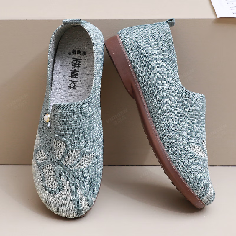 意迪森新款老北京布鞋女洋气时尚一脚蹬飞织鞋面透气不捂脚防滑耐磨鞋底 绿色 35 (225mm)