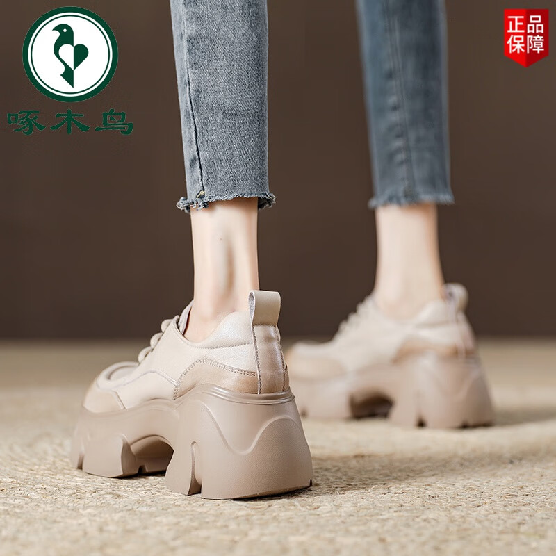 啄木鸟英伦风小皮鞋女粗跟厚底乐福鞋2026秋季新款小个子增高鞋真皮单鞋 米色 36
