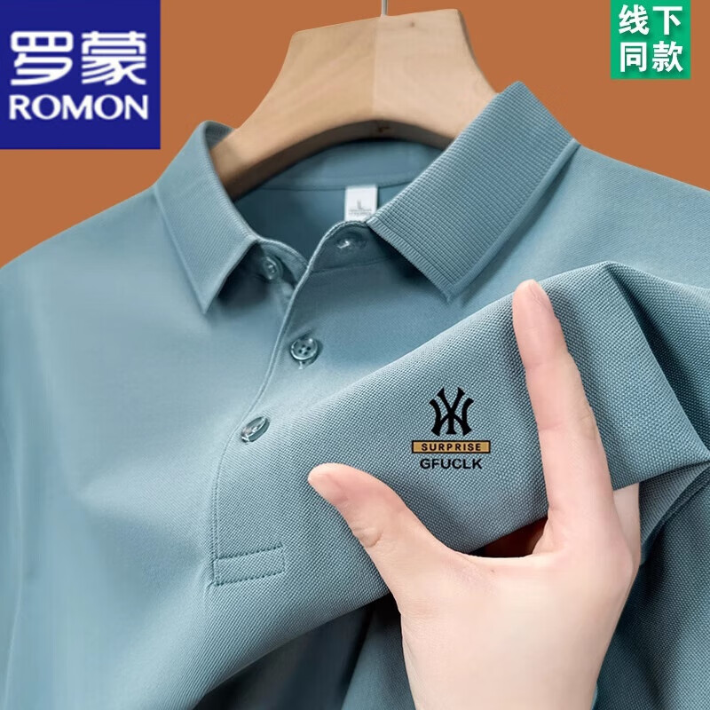罗蒙(ROMON)100纯棉短袖t恤男士2025年夏季翻领polo半袖衫透气吸汗休闲上衣 短袖YW7702灰色 2XL 180建议150-165斤