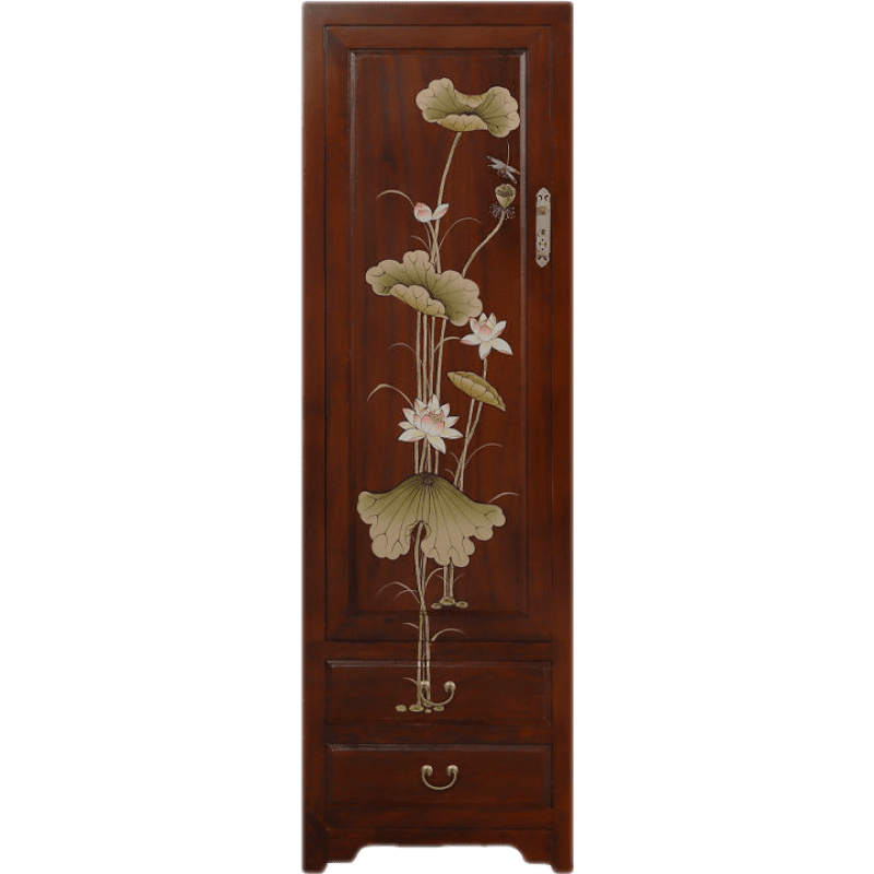 新中式手绘实木香樟木衣柜家用卧室双门大衣橱储物防虫蛀立柜子 花梨色荷花单门60*55*188 2门_整装