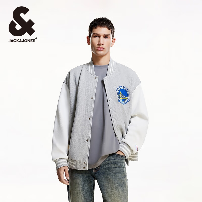 杰克·琼斯（JACK&amp;JONES）男装NBA联名款秋季毛圈刺绣撞色拼接宽松棒球夹克外套男225121011 G41浅花灰色 常规 M