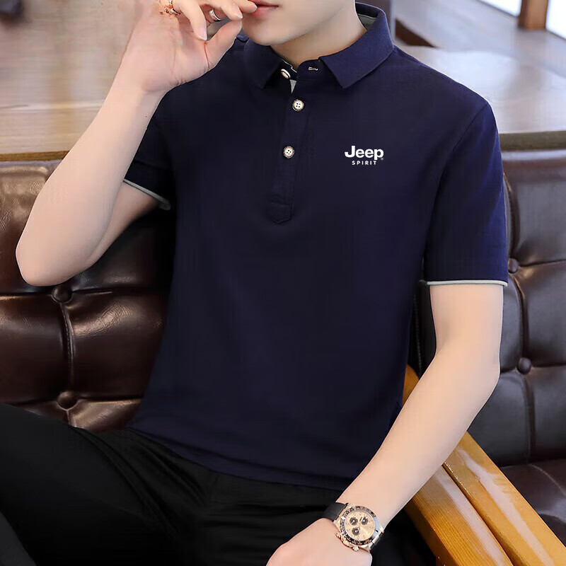 JEEP SPIRIT吉普短袖T恤男夏季POLO衫男翻领商务男修身半袖体恤 黑灰 M (100斤-110斤)