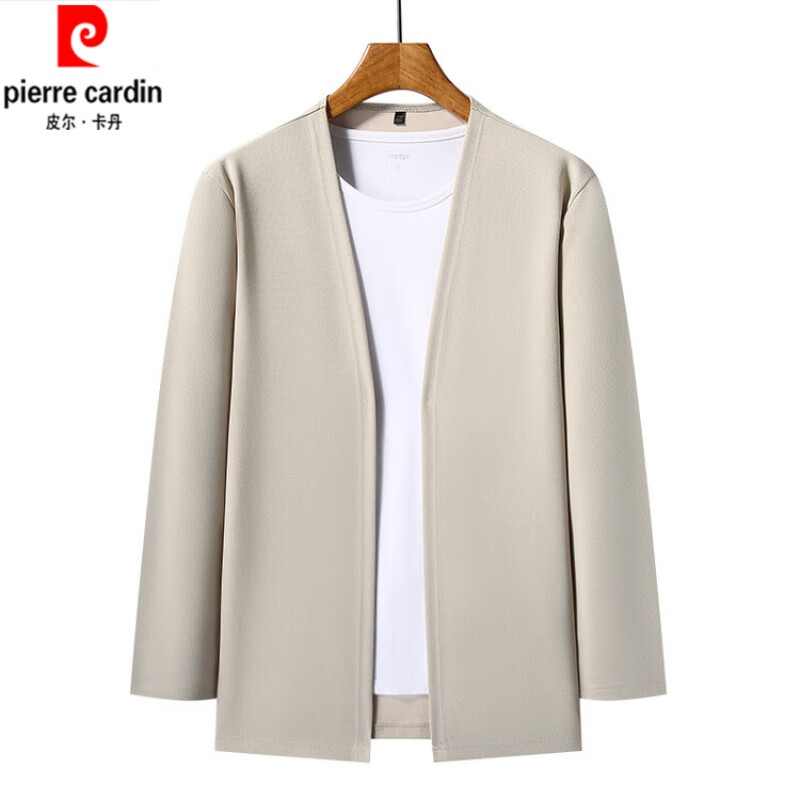 皮尔卡丹春秋季纯色开衫男士潮流针织衫外穿中青年休闲宽松薄款披肩外套男 杏色7686 XL 175【建议130至148斤】
