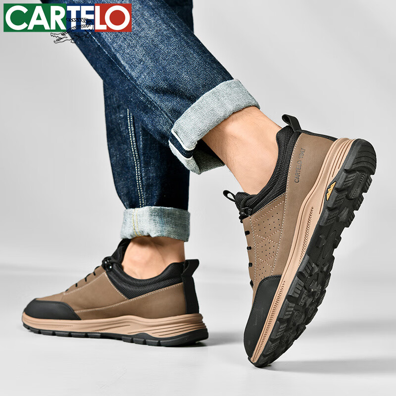 卡帝乐鳄鱼男鞋秋冬季新款男士休闲皮鞋时尚运动休闲鞋百搭舒适旅游鞋子 卡其 5607 39