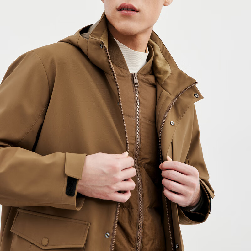 七匹狼【保暖三合一】连帽羽绒服抗静电肌理提花蓄热保暖男士外套 308(驼色) XL 175/92A