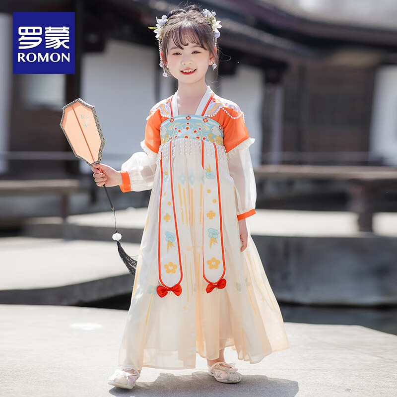 罗蒙儿童中国风原创齐胸襦裙2026款唐装女童汉服夏季毕业演出服 HQ1191黄色襦裙 110
