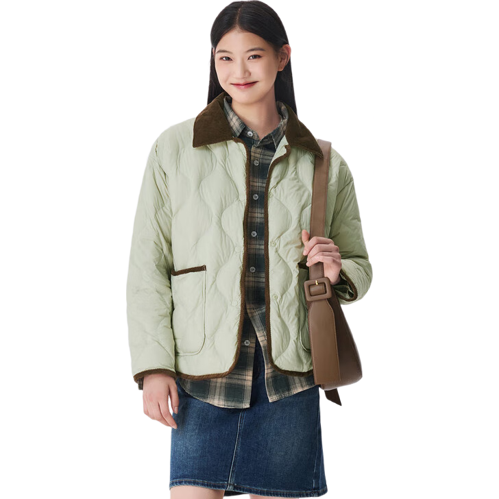 森马（Semir）羽绒服女中长款轻薄拼接灯芯绒翻领2024冬季三防外套109724113004