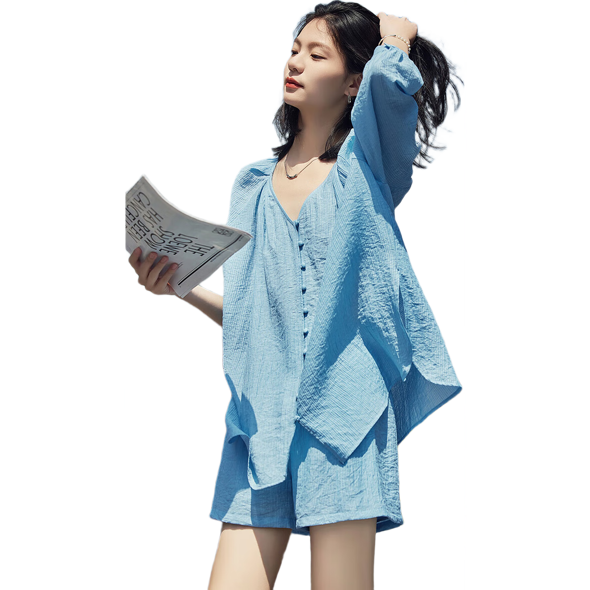 德瑪納【清涼兩件套】夏裝V領(lǐng)中袖襯衫上衣短褲套裝女