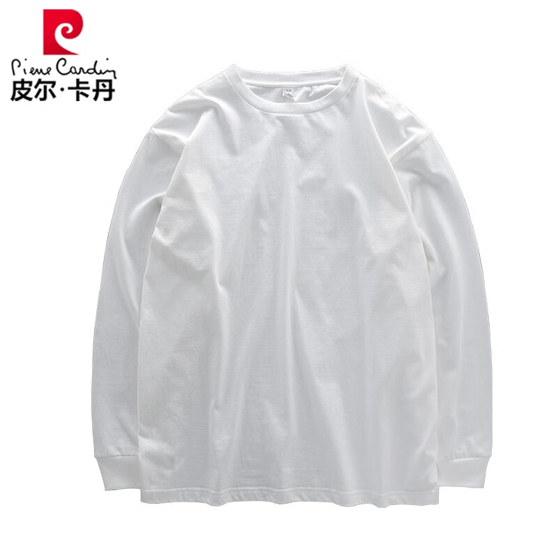 皮尔卡丹280g重磅长袖t恤男純棉厚实宽松纯色白色春秋卫衣日系圆领打底衫 白色 XS 适合80-100斤穿