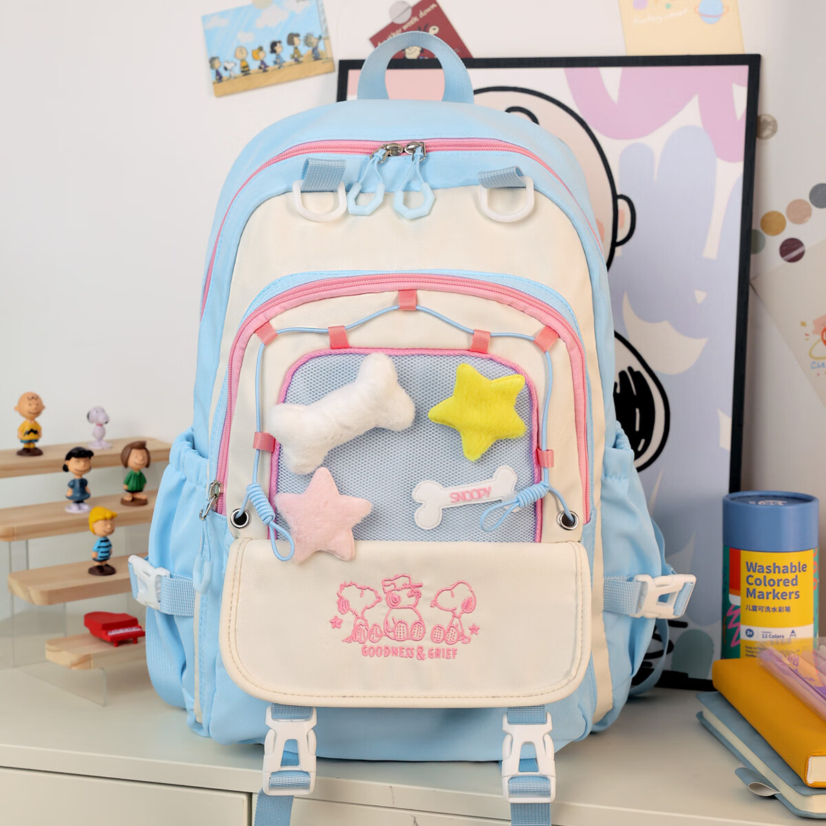 史努比（SNOOPY）痛包ins初中高中学生书包女可爱少女百搭大容量双肩包背包 蓝色