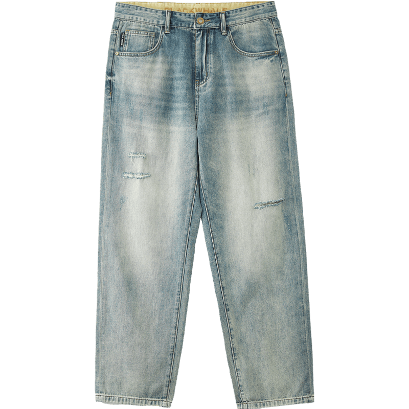 黑鲸时尚小破洞牛仔裤男2025年春秋季新品时尚磨白裤子宽松直筒男裤 牛仔蓝过渡色（中）05 M