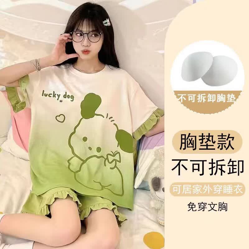 喜事近睡衣女带胸垫套装夏季大码薄款短袖短裤女士学生休闲可外穿家居服 绿色帕恰狗 2XL -带胸垫