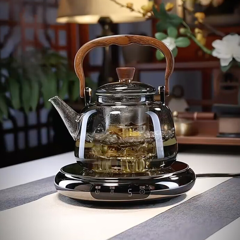 全度耐热玻璃蒸煮一体提梁茶壶2025新款电陶炉煮茶器围炉煮茶壶大容量 木纹把壶灰+鼓韵陶炉黑