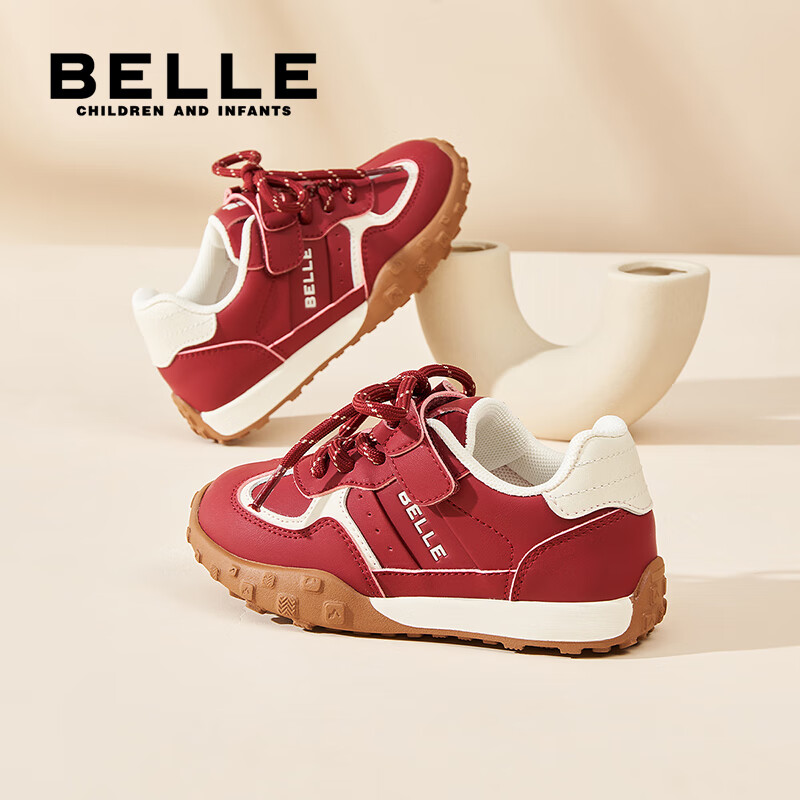 百丽儿童运动鞋25秋新款女童男童休闲鞋便捷魔术贴百搭大童跑步鞋 红色 30 【建议脚长186-191mm】