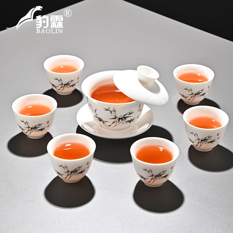 豹霖可悬停大号盖碗羊脂玉三才盖子茶碗茶具单个高档白瓷手抓泡茶壶 180ML-悬停盖碗羊脂玉+6个杯富竹