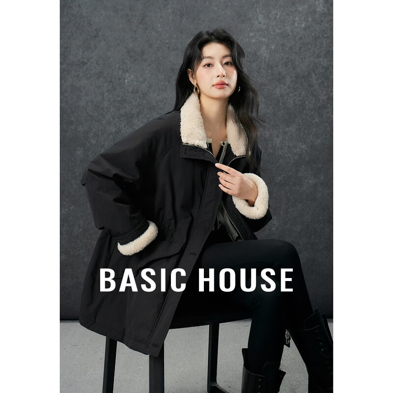 Basic House/百家好毛绒翻领羽绒服冬季轻薄抽绳收腰中长款派克服 黑色（偏藏青） M