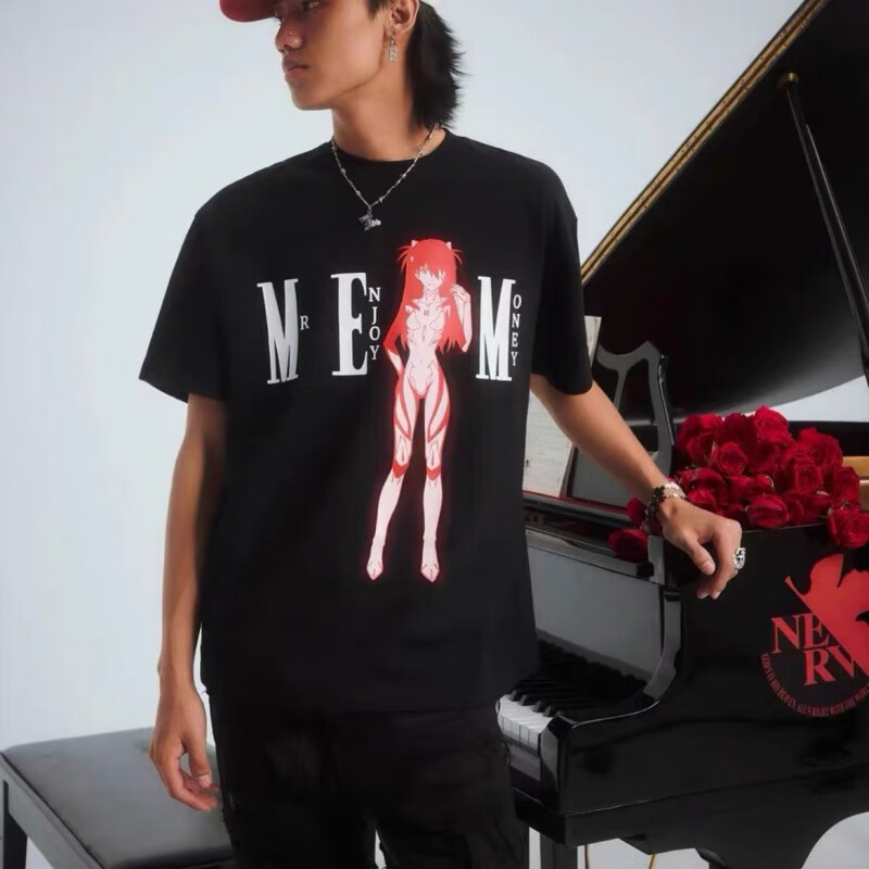 MEDMxEVA联名发光人物线稿短袖男女同款T恤情侣潮牌夏季宽松休闲上衣 黑色 (280G高克重纯棉) S (三标齐全)