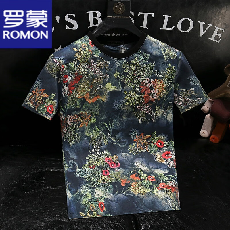 羅蒙（ROMON）復(fù)古印花短袖t恤男夏季新款中青年花色圓領(lǐng)韓版薄款修身半袖體恤 圖片色 XL 140-150斤