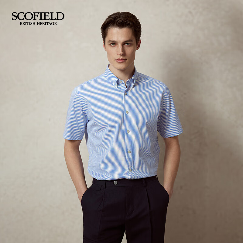 Scofield男士25春新品简约棉质时尚条纹休闲蓝色短袖衬衫翻领上衣 蓝色 M (170)