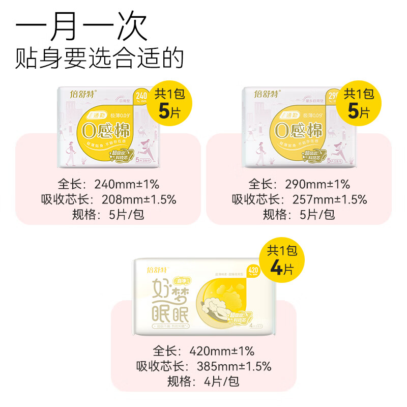 倍舒特0感棉超薄透气日夜用卫生巾套装3包 