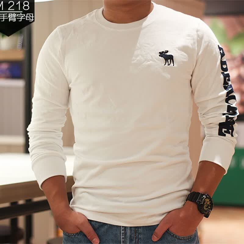 ABERCROMBIE &amp; FITCH小麋鹿秋季新款欧美AF男装纯棉圆领长袖T恤时 白色袖标 均码 s 建议体重100-120斤