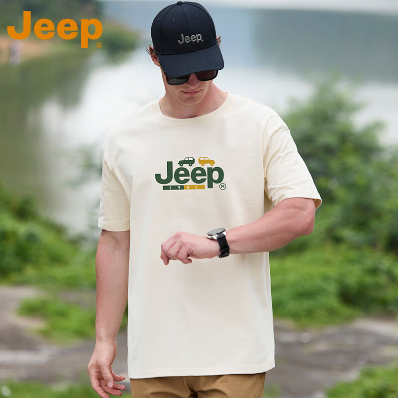 吉普(JEEP)美式高端纯棉短袖T恤男士2025新款夏季潮流品牌白色男款上衣硬汉 灰绿色 【专柜正品】 4XL 码