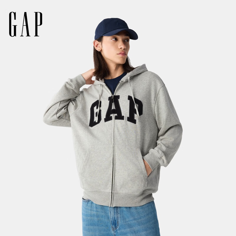 GAP男女装2025春季新款字母logo拉链连帽卫衣宽松外套美版868454 灰色 XS 美码 S亚洲码175/88A
