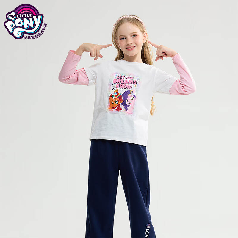 小马宝莉儿童长袖t恤2025春新款中大童打底衫女孩外穿假两件洋气圆领上衣 白色 160