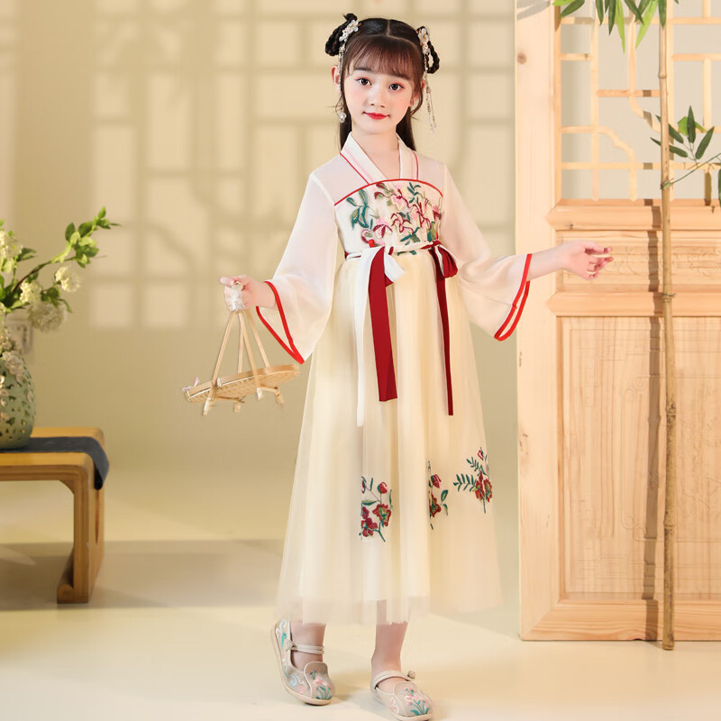 九虞氏女童汉服连衣裙襦裙儿童汉服童装夏季中国风中大童唐装公主裙 杏色 中款长度 130 (适合113-122cm)